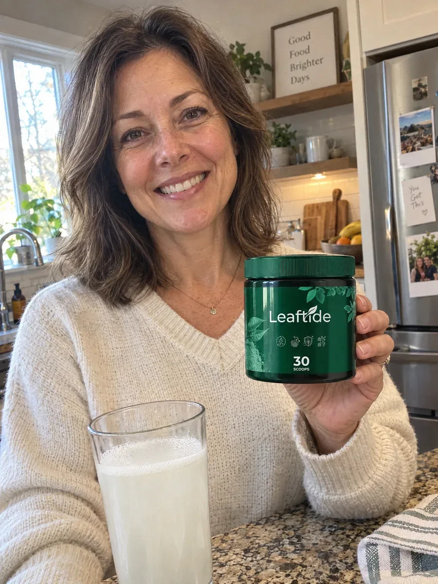 Woman holding a Leaftide jar in her kitchen