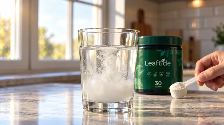 White Leaftide powder dissolving in a glass of water next to the jar