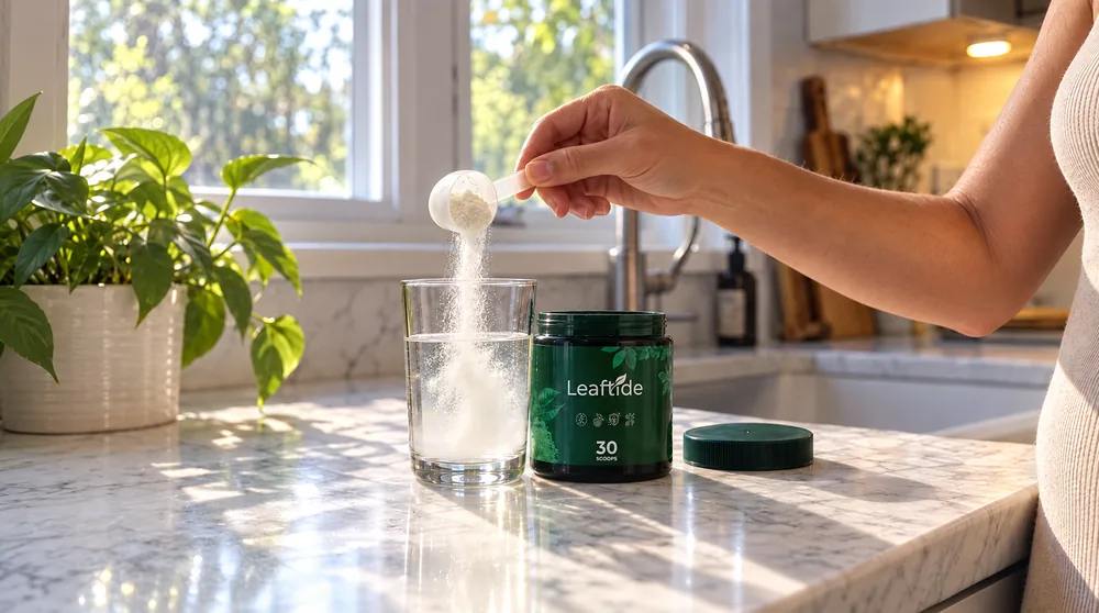 Pouring one Leaftide scoop into a glass of water on a kitchen counter