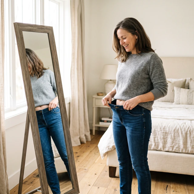 A woman checking the fit of her jeans in a mirror
